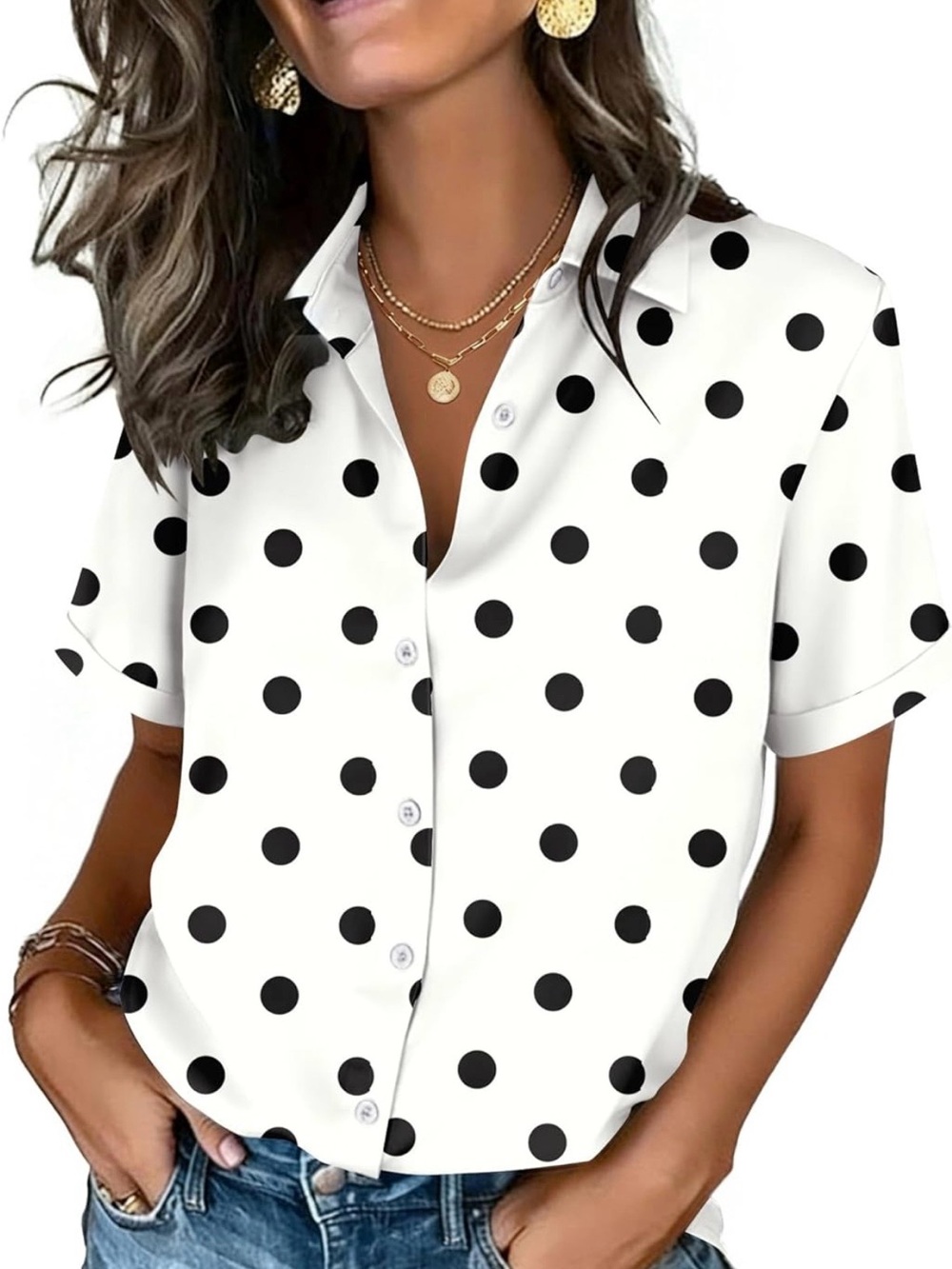 Polka Dot Button-Down Short Sleeve Blouse - White/Black
